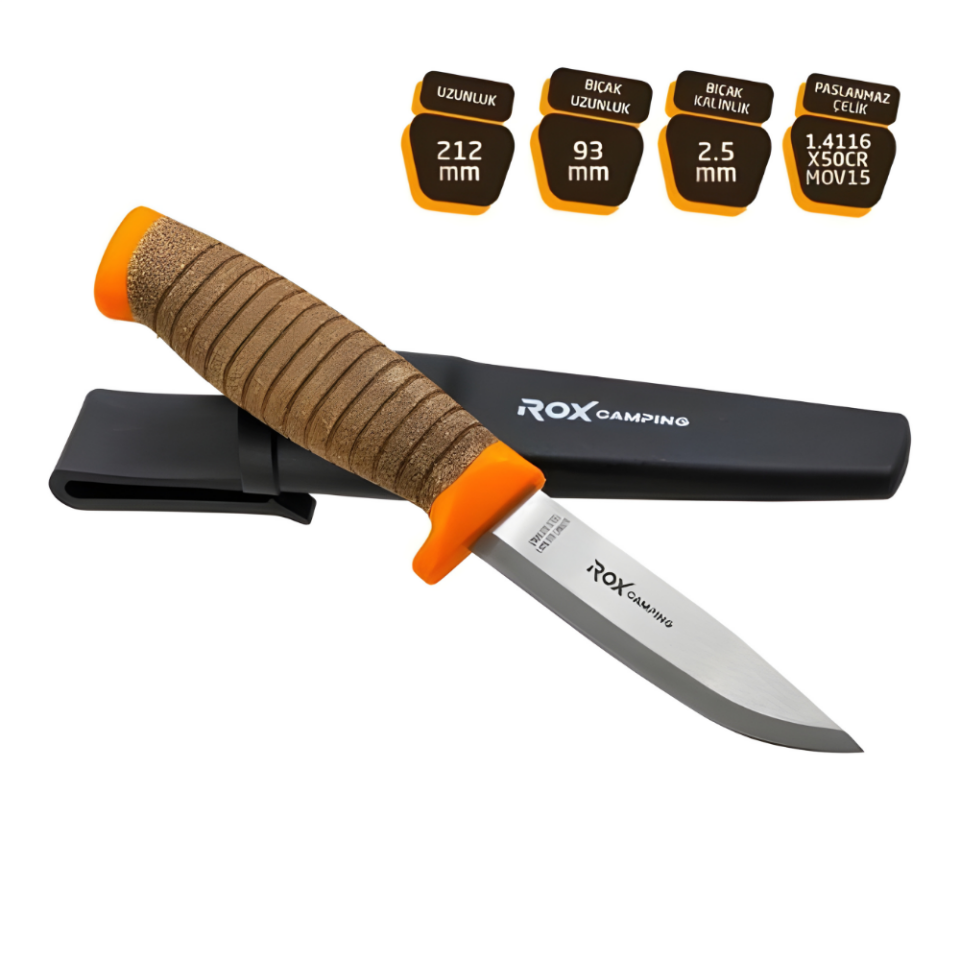 Rox Bushcraft Plus Paslanmaz Çelik Kamp Bıçağı - Turuncu