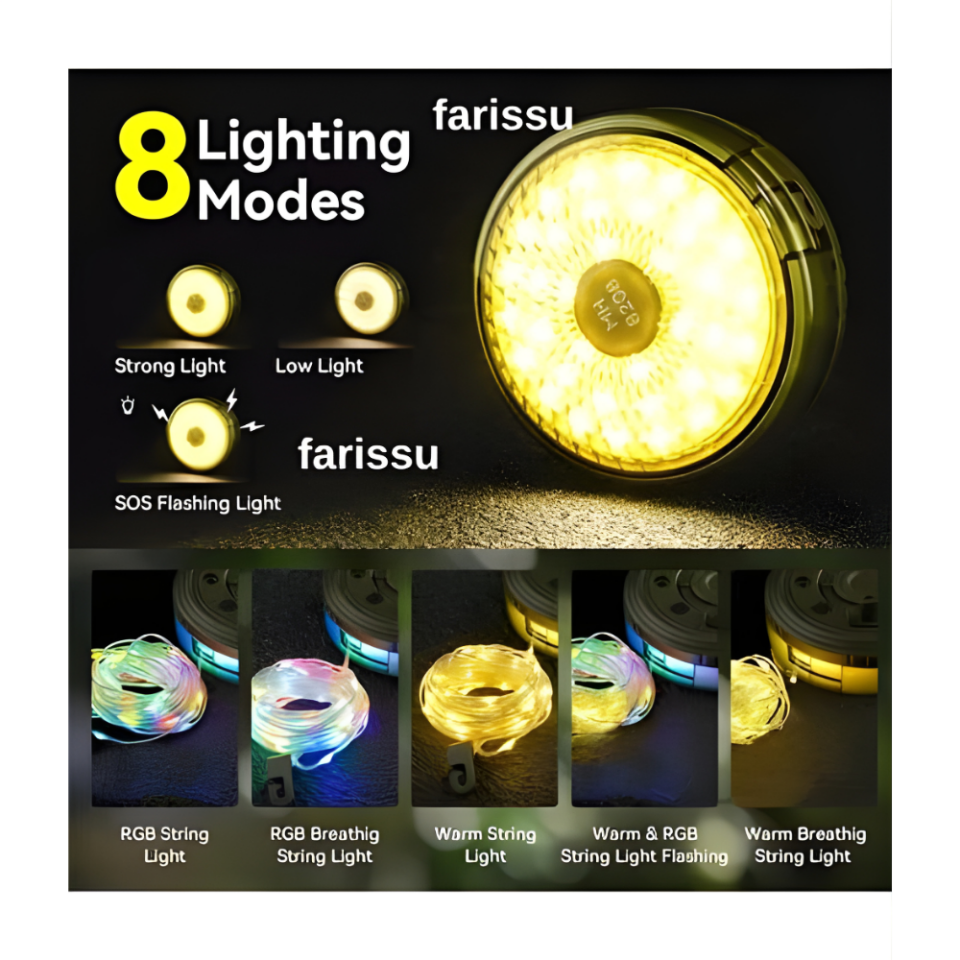 7 Metre Ledli Şarj Göstergeli 8 Işık Modlu Hareketli ve Flaşör Modlu Kamp Lambası LED Işık