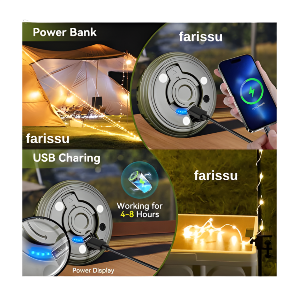 7 Metre Ledli Şarj Göstergeli 8 Işık Modlu Hareketli ve Flaşör Modlu Kamp Lambası LED Işık