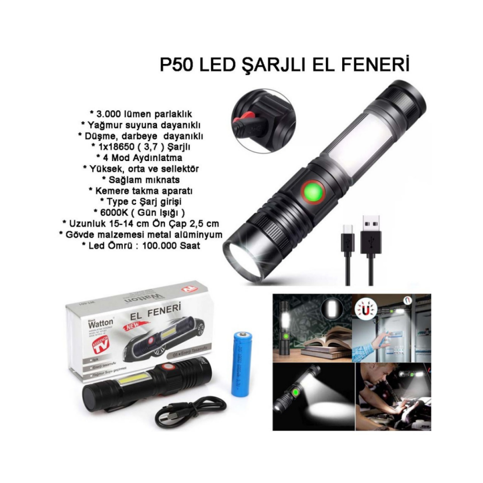 Geniş Açılı P50 LED Şarjlı El Feneri Watton WT-601