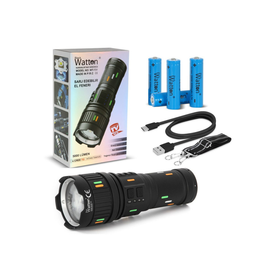 Watton WT-731  Cree Tg LED Şarj Göstergeli 5000 Lümen El Feneri 