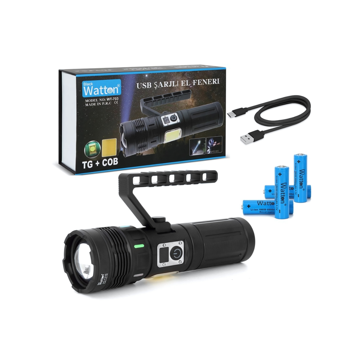 Watton WT-703  TG+COB LED Şarjlı El Feneri 5.000 Lümen